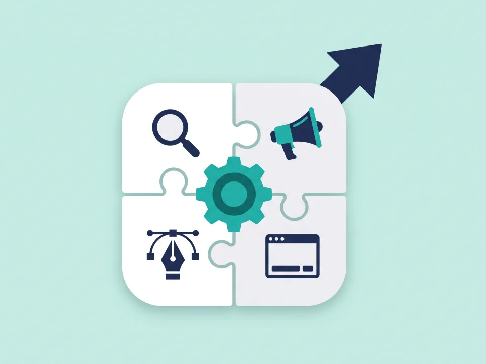 Four puzzle pieces for search, ads, design and web joined around a gear