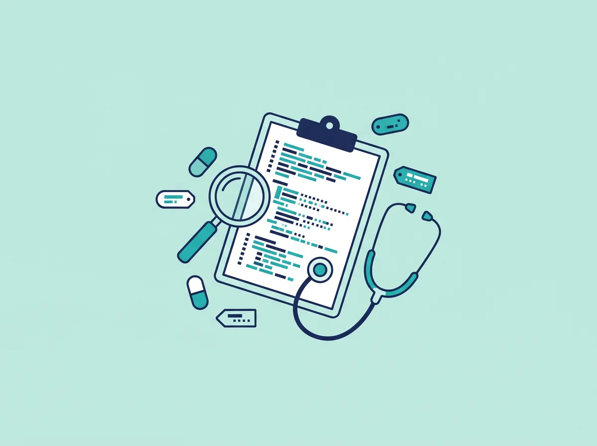 A clipboard of medical codes with a magnifying glass and a stethoscope