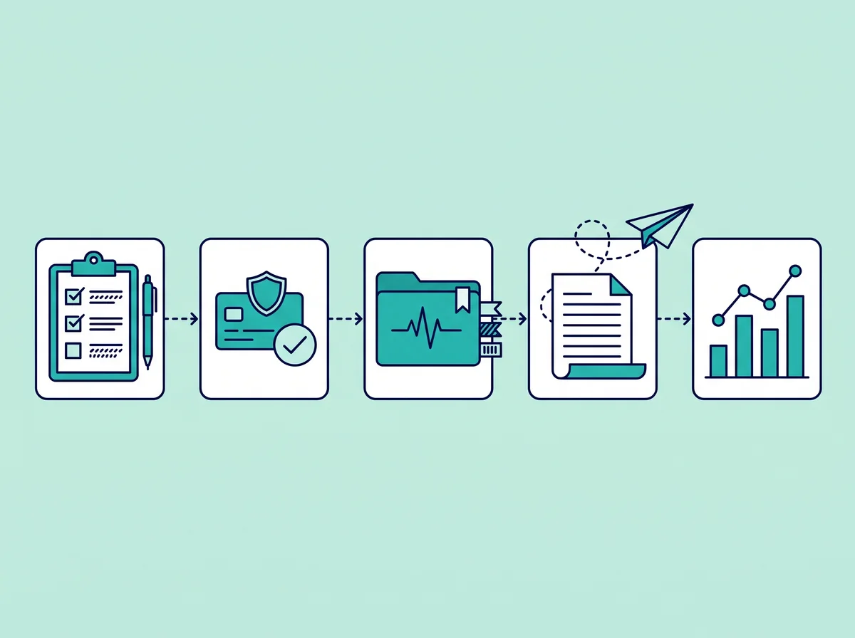 The revenue cycle drawn as connected steps: registration, insurance check, coding, claim submission and payment