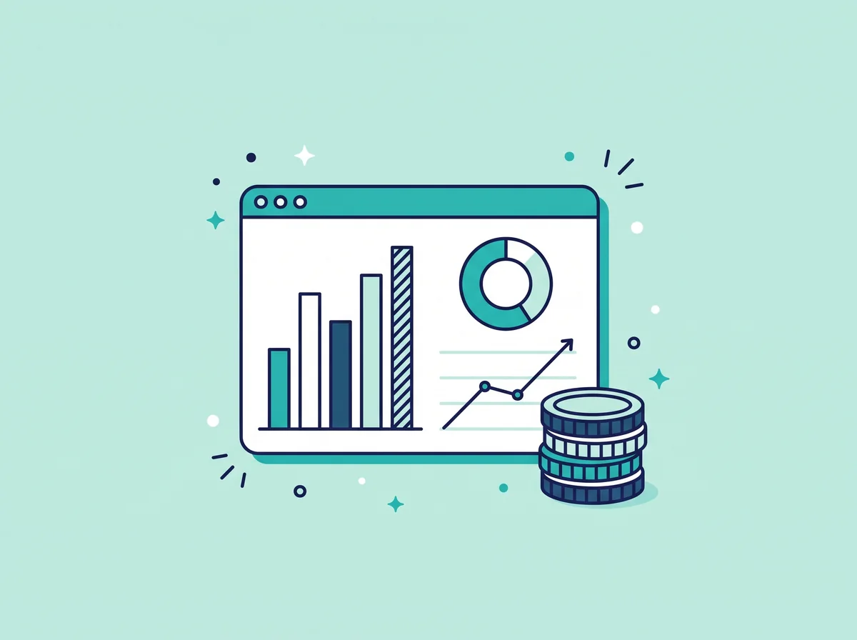A revenue dashboard with bar, donut and trend charts beside a stack of coins