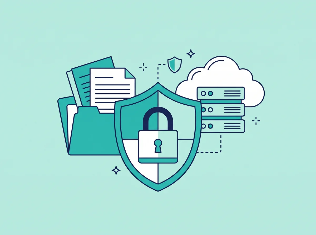 A shield with a padlock in front of patient file folders and a secure server