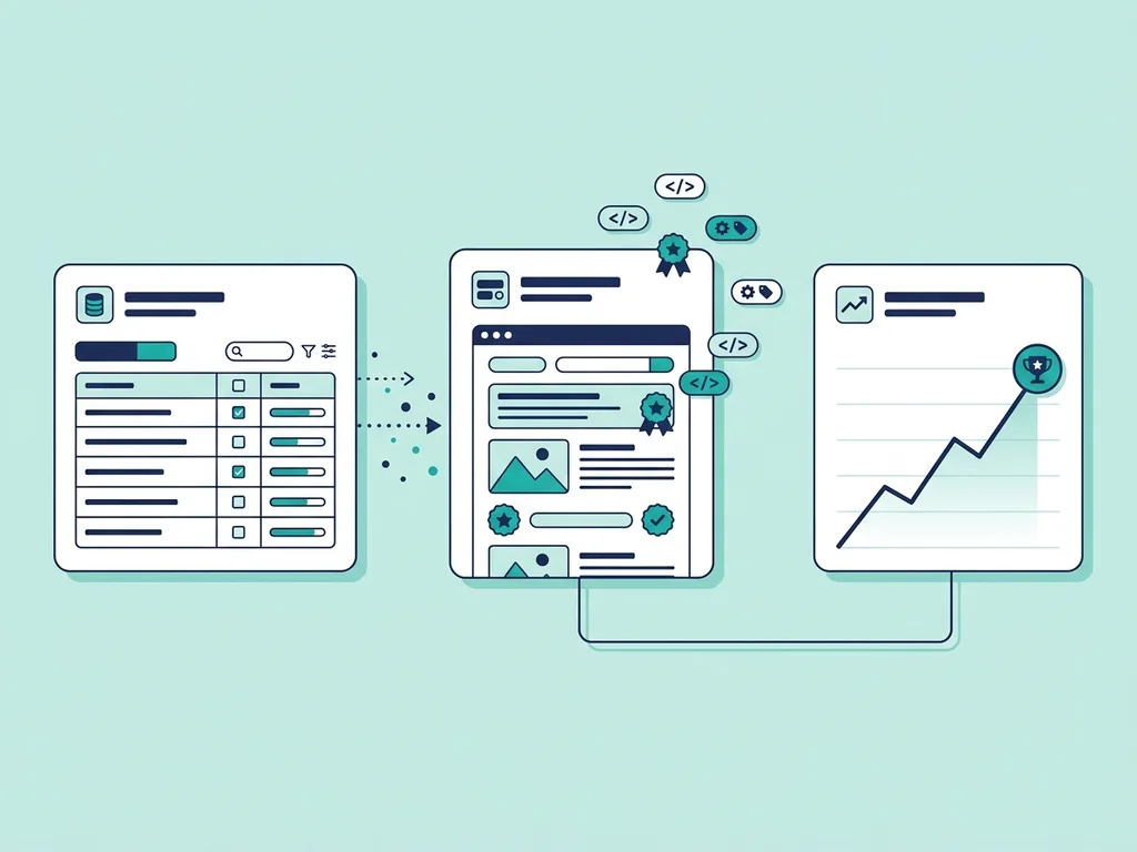 Page layouts being compared side by side, ending in a rising results chart