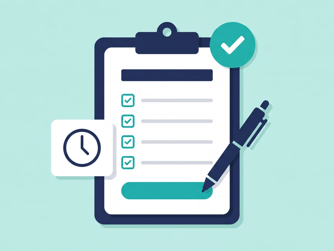 A proposal checklist on a clipboard with a pen and a clock