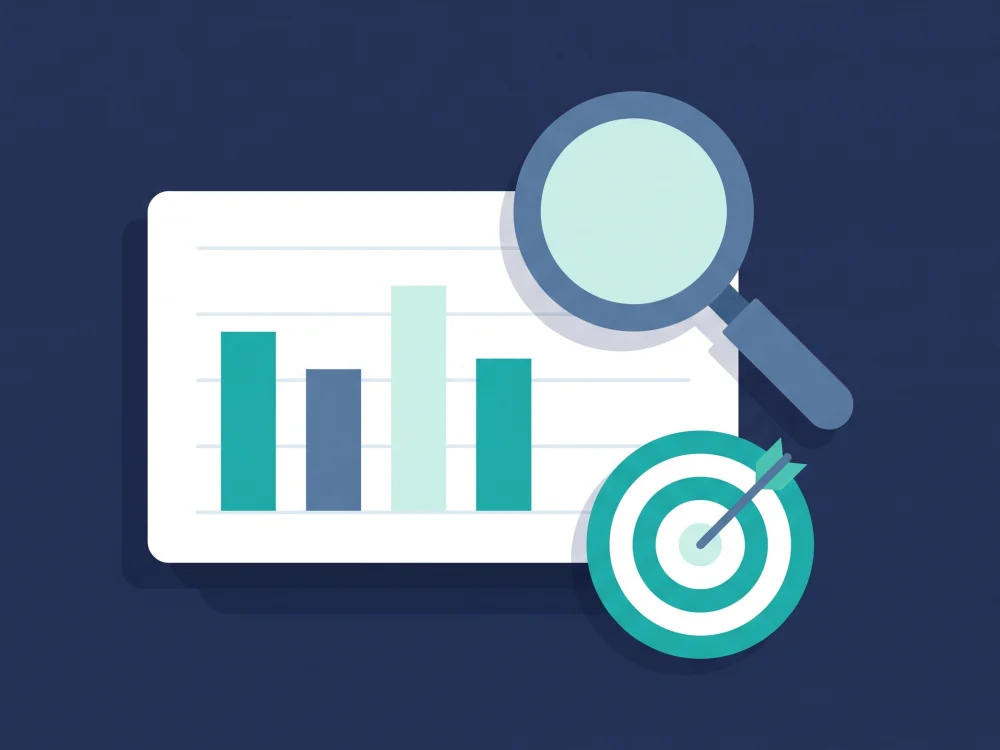A bar chart under a magnifying glass beside a target