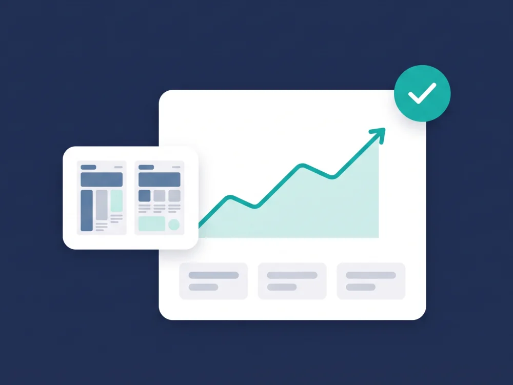 A rising results chart with a check mark, beside two page versions being compared