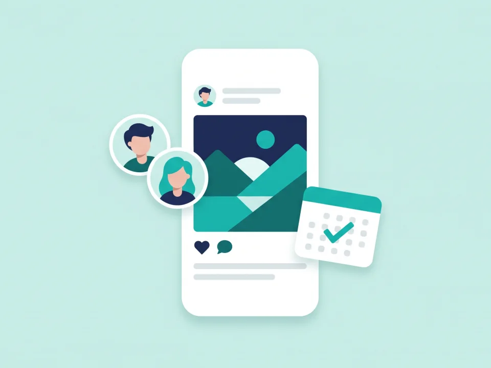 A phone showing a social post and a content calendar